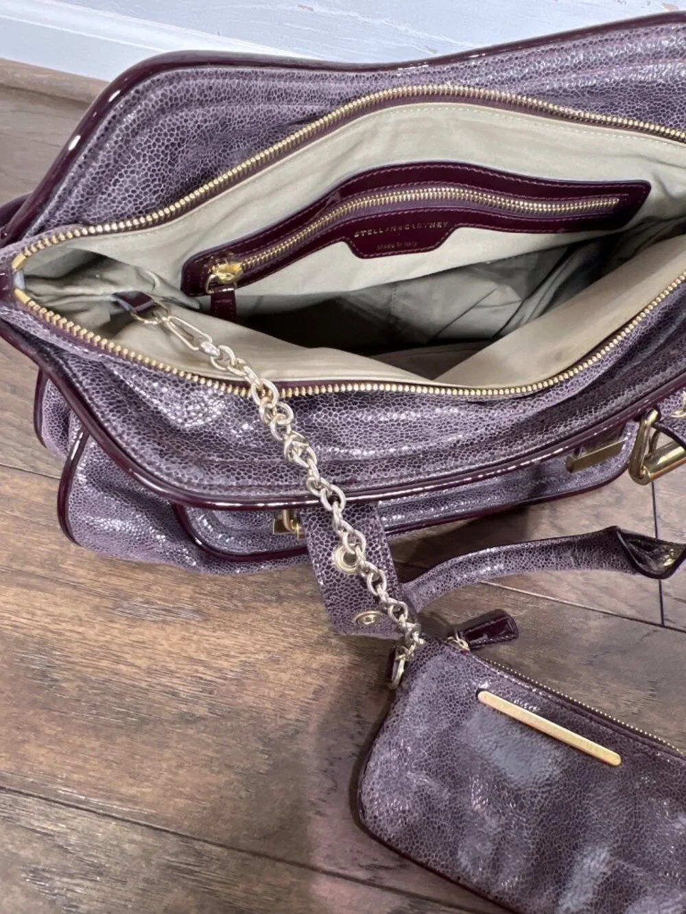 STELLA MCCARTNEY Double Handle Distressed Vegan Leather Satchel Glossy Plum OS